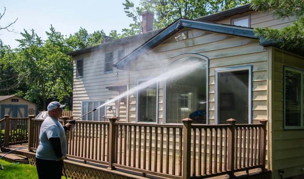 man power washing house