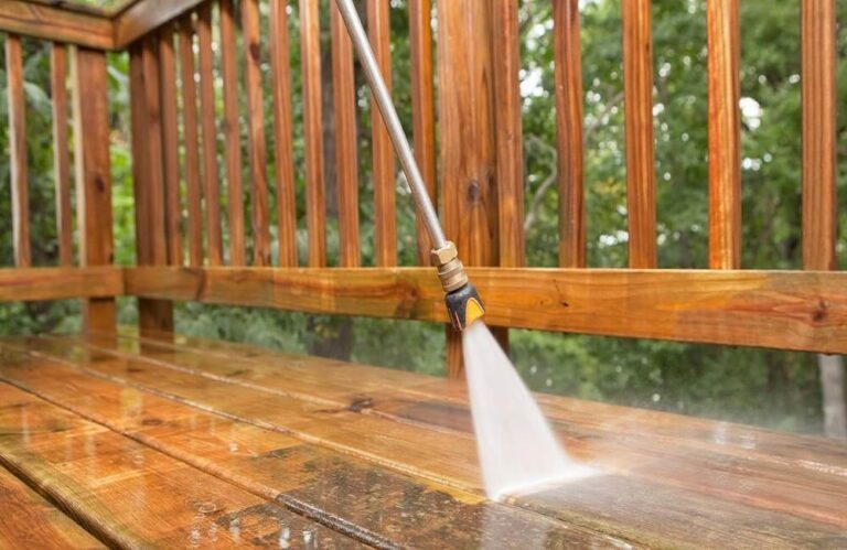 power washing wooden patio